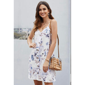 Women's Floral Tank Top Flowy Dress, Size M, White and Blue